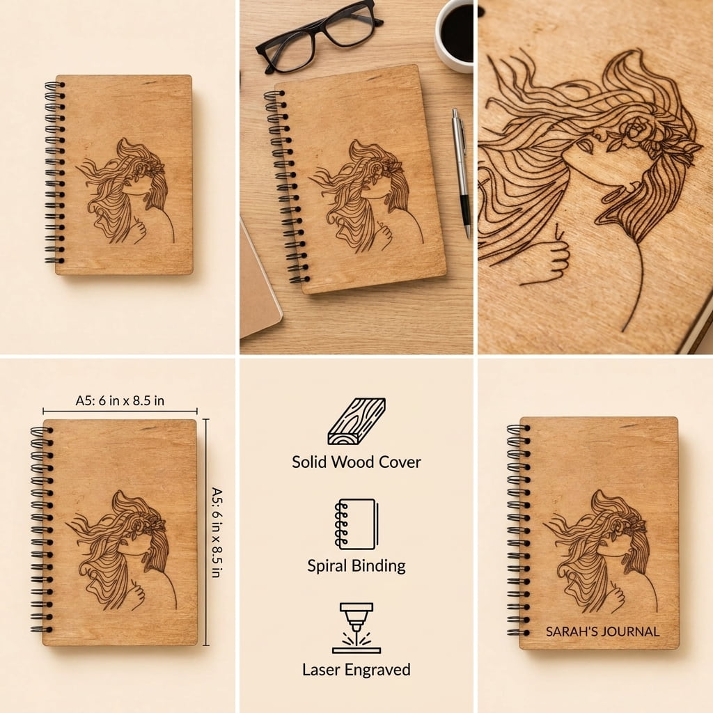 Six-panel product collage showing a spiral-bound wooden journal with a laser-engraved portrait illustration on the cover. The collage includes the journal alone, styled on a desk with glasses and a pen, a close-up of the engraving, dimensions labeled as 6 x 8.