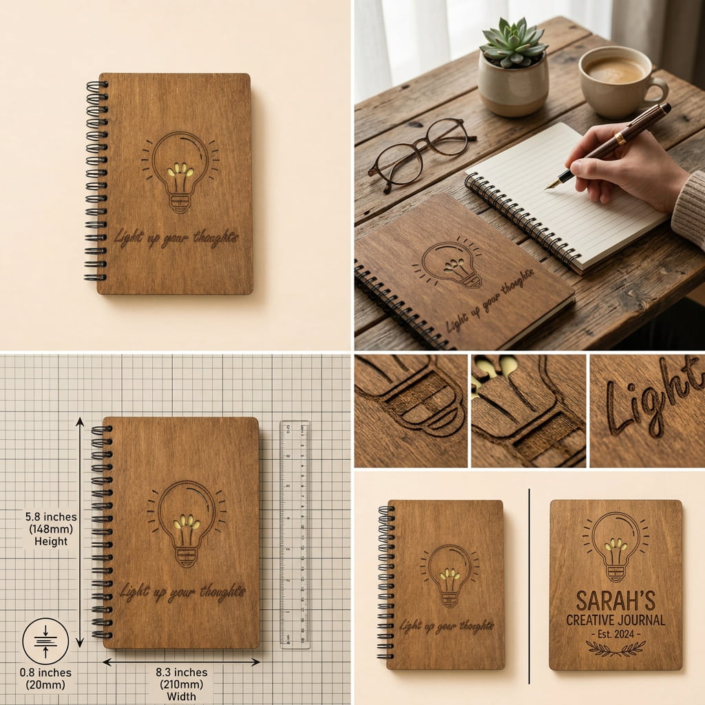 A spiral-bound wooden journal shown in a collage layout, including a clean product shot, a styled desk scene with a hand writing in it, dimensions labeled, close-up texture details, and a personalized version reading