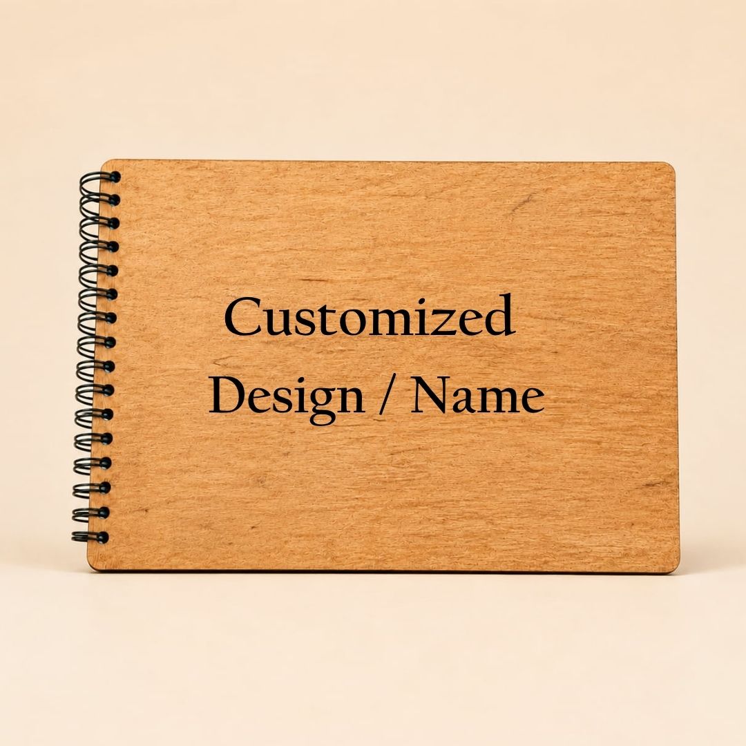 A spiral-bound wooden notebook with a black wire coil and black printed text reading 'Customized Design / Name' on a warm beige background.