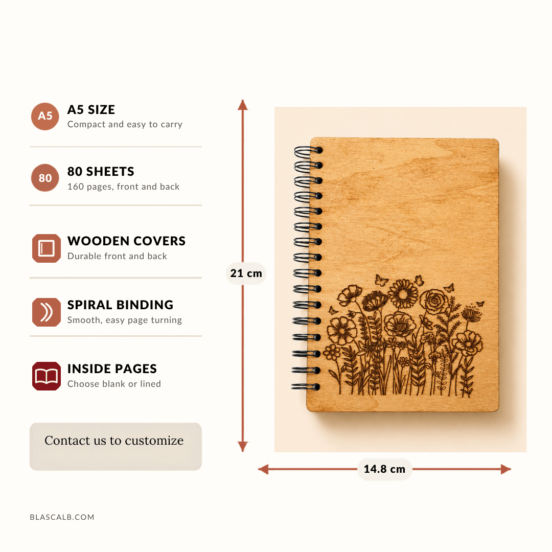 handcrafted journal notebook wood cover customized made in Lebanon size and pages described