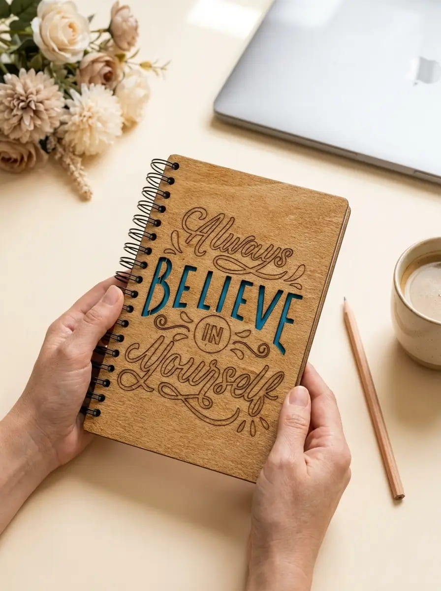 A person holds a spiral-bound wooden notebook with the phrase 'Always Believe in Yourself' engraved on the cover. The scene is set on a light beige desk with a laptop, flowers, a pencil, and a cup of coffee in the background.