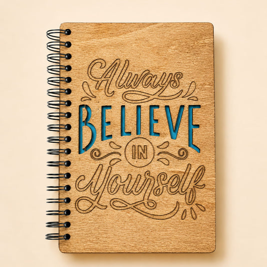 Always Believe in Yourself engraved wooden spiral journal