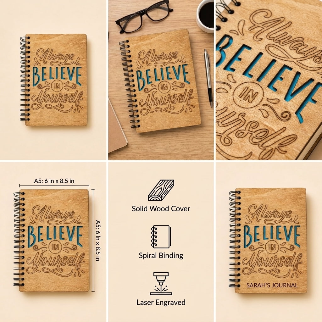 A collage showing a spiral-bound journal with a laser-engraved wood cover and decorative lettering that reads 'Always Believe in Yourself.' The layout includes a clean product shot, a styled desk scene with glasses and a pen, a close-up of the engraving, dimensions labeled as 6 x 8.