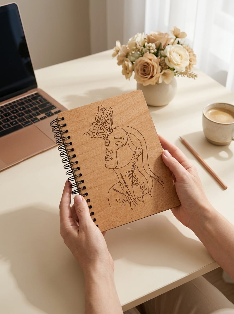 A person holds a spiral-bound wooden notebook with an engraved line drawing of a woman's profile, a butterfly, and floral details. The scene is set on a light-colored desk with a laptop, flowers, a cup of coffee, and a pencil in a softly lit indoor setting.
