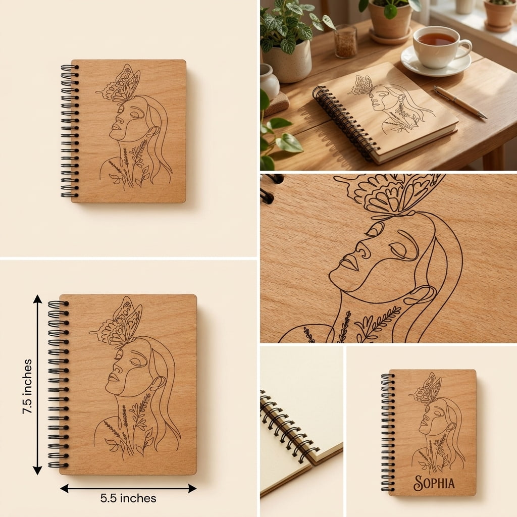 A5 personalized wooden Journal with specs and details of engraving