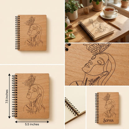 A5 personalized wooden Journal with specs and details of engraving