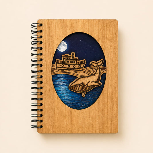 A spiral-bound notebook with a light wood grain cover, featuring an oval cutout on the front with a laser-engraved illustration of a whale on blue water under a full moon and a boat.
