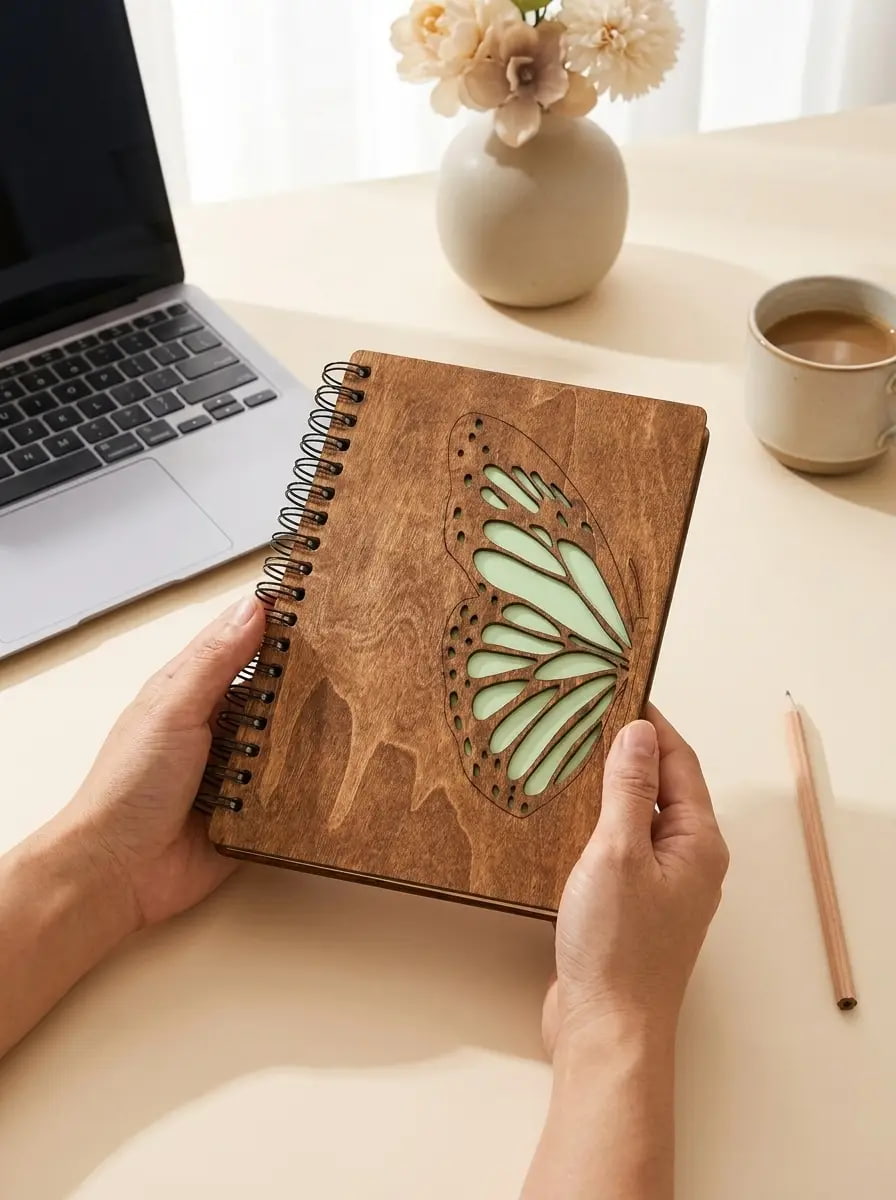A person holds a spiral-bound notebook with a wooden cover featuring a large butterfly design. The scene is set on a desk with a laptop, a cup of coffee, a pencil, and a vase of flowers in the background.