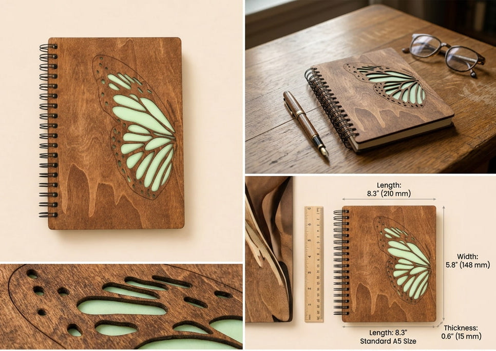 A collage showing a wooden spiral notebook with butterfly and fox illustrations in multiple views, including a top-down tabletop shot, side measurements, interior page view, and stacked notebook arrangement.