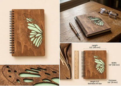 A collage showing a wooden spiral notebook with butterfly and fox illustrations in multiple views, including a top-down tabletop shot, side measurements, interior page view, and stacked notebook arrangement.