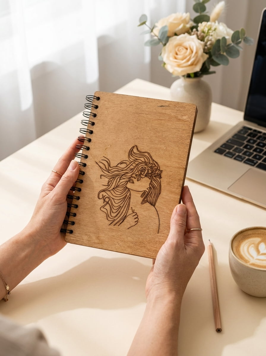 A person holds a spiral-bound wooden notebook with an engraved portrait of a woman. The scene is set on a desk with a laptop, a cup of latte, a pencil, and a vase of flowers in the background.