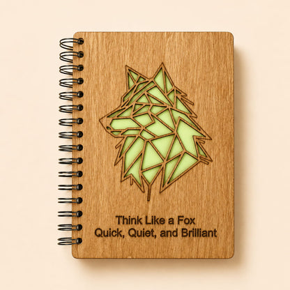 A spiral-bound wooden notebook with a laser-cut geometric fox design and the engraved text 'Think Like a Fox, Quick, Quiet, and Brilliant' on a light beige background.