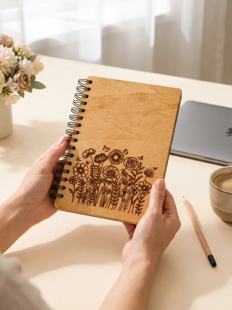 A person holds a spiral-bound wooden notebook with a laser-engraved floral design on the cover, set against a warm, softly lit desk background with a laptop, pencil, and flowers.