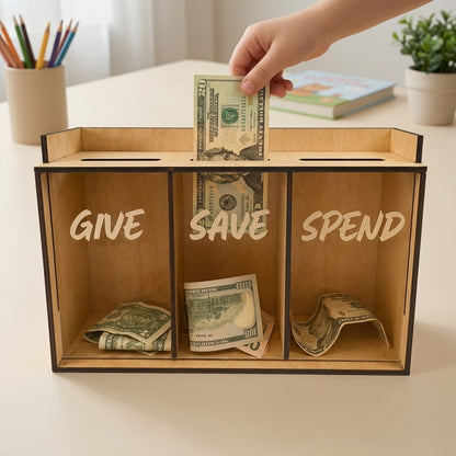Personalized Give Save Spend money organizer for teaching children financial skills wood color