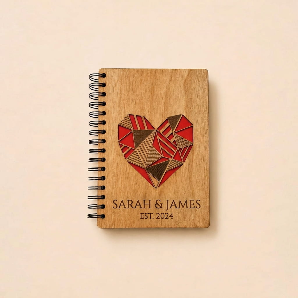 A personalized wooden spiral notebook with a black wire binding, featuring a red and brown geometric heart design and the engraved names 'SARAH & JAMES' and 'EST. 2024' on a light beige background.
