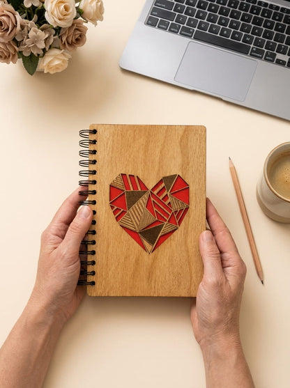 A wooden spiral notebook held by two hands, featuring a geometric heart design on the cover in red, brown, and beige. The notebook is displayed in a styled desk setting with a laptop, flowers, a coffee cup, and a pencil on a light beige background.