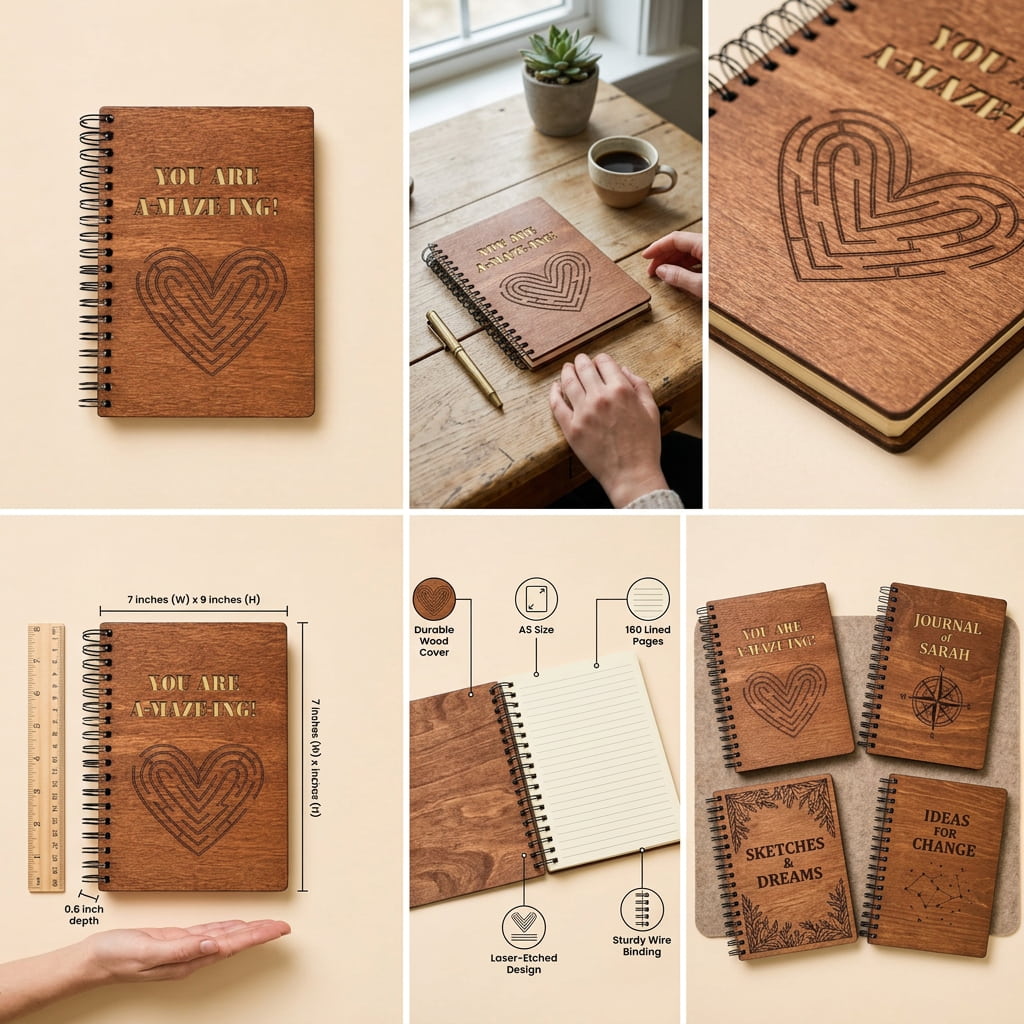 Six-panel collage showing a spiral-bound wooden journal/notebook with engraved heart designs and motivational phrases such as “YOU ARE AMAZING,” “JOURNAL SARAH,” “SKETCHES DREAMS,” and “IDEAS CHANGE.” The collage includes a clean product shot, the notebook on a table with a hand resting on it, close-up views, dimensions, material callouts, and several mini versions in different colors.