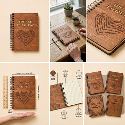 Six-panel collage showing a spiral-bound wooden journal/notebook with engraved heart designs and motivational phrases such as “YOU ARE AMAZING,” “JOURNAL SARAH,” “SKETCHES DREAMS,” and “IDEAS CHANGE.” The collage includes a clean product shot, the notebook on a table with a hand resting on it, close-up views, dimensions, material callouts, and several mini versions in different colors.