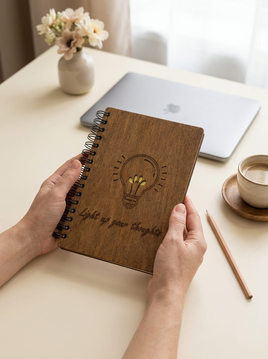 A person holds a brown wooden spiral notebook with an engraved lightbulb and the words 'light up your thoughts' on the cover, set on a desk with a laptop, coffee, and flowers in the background.