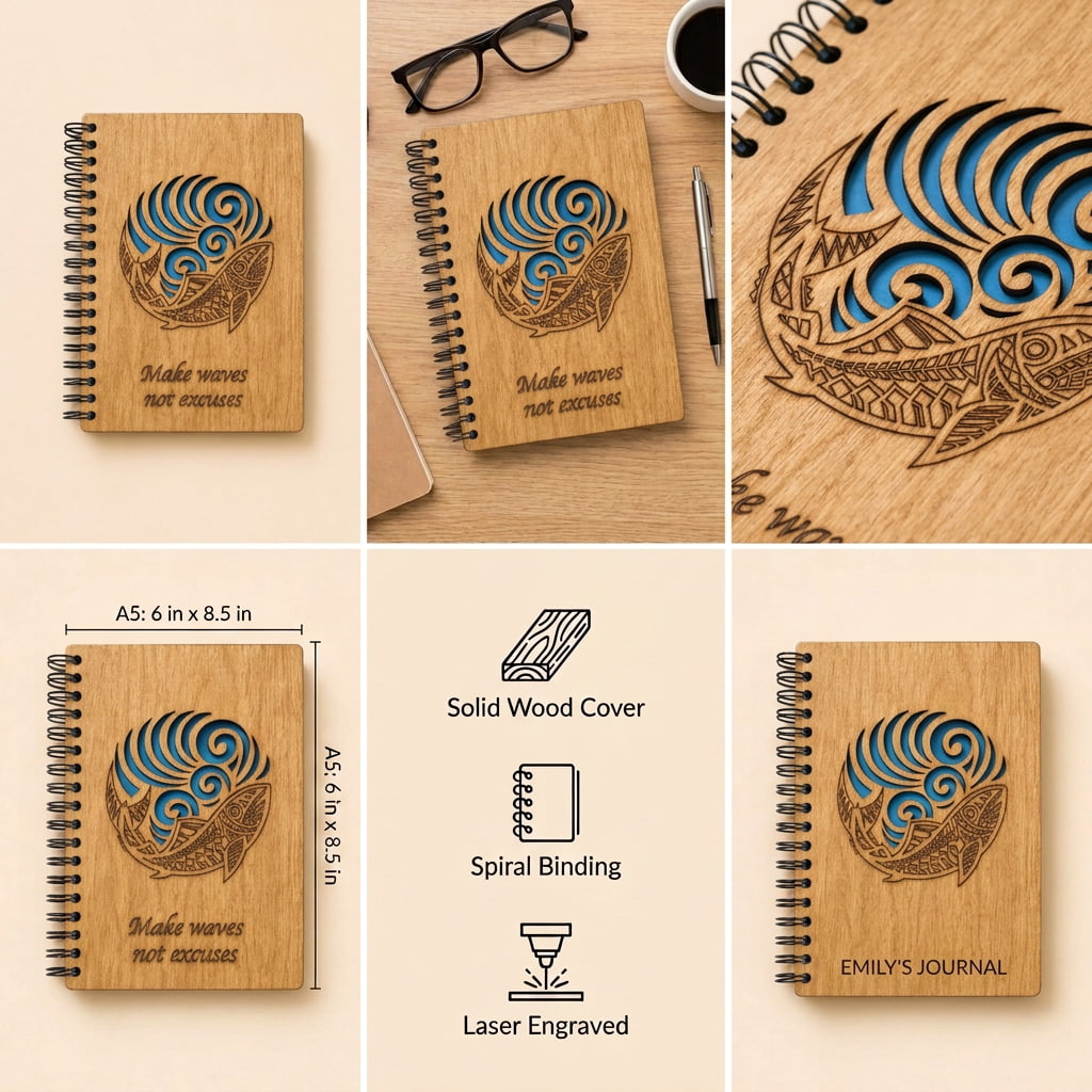 A collage showing a spiral-bound wooden journal from multiple angles, with a close-up of the laser-engraved shell design. The center panel lists features: solid wood cover, spiral binding, and laser engraved.