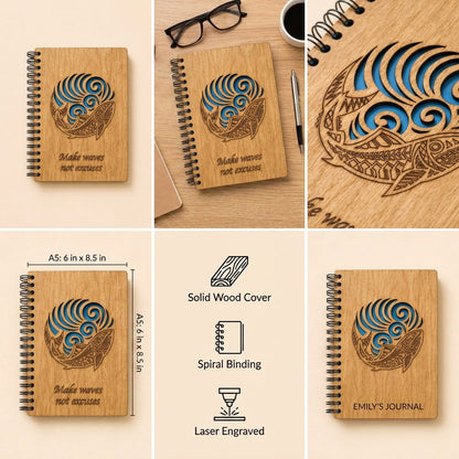 A collage showing a spiral-bound wooden journal from multiple angles, with a close-up of the laser-engraved shell design. The center panel lists features: solid wood cover, spiral binding, and laser engraved.