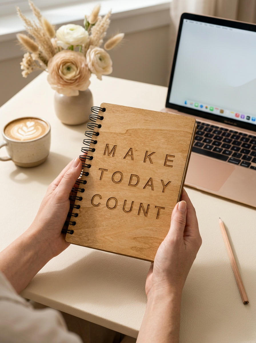 A person holds a spiral-bound wooden journal with the engraved text 'MAKE TODAY COUNT' on a desk, surrounded by a laptop, coffee cup, vase of flowers, and a pencil.