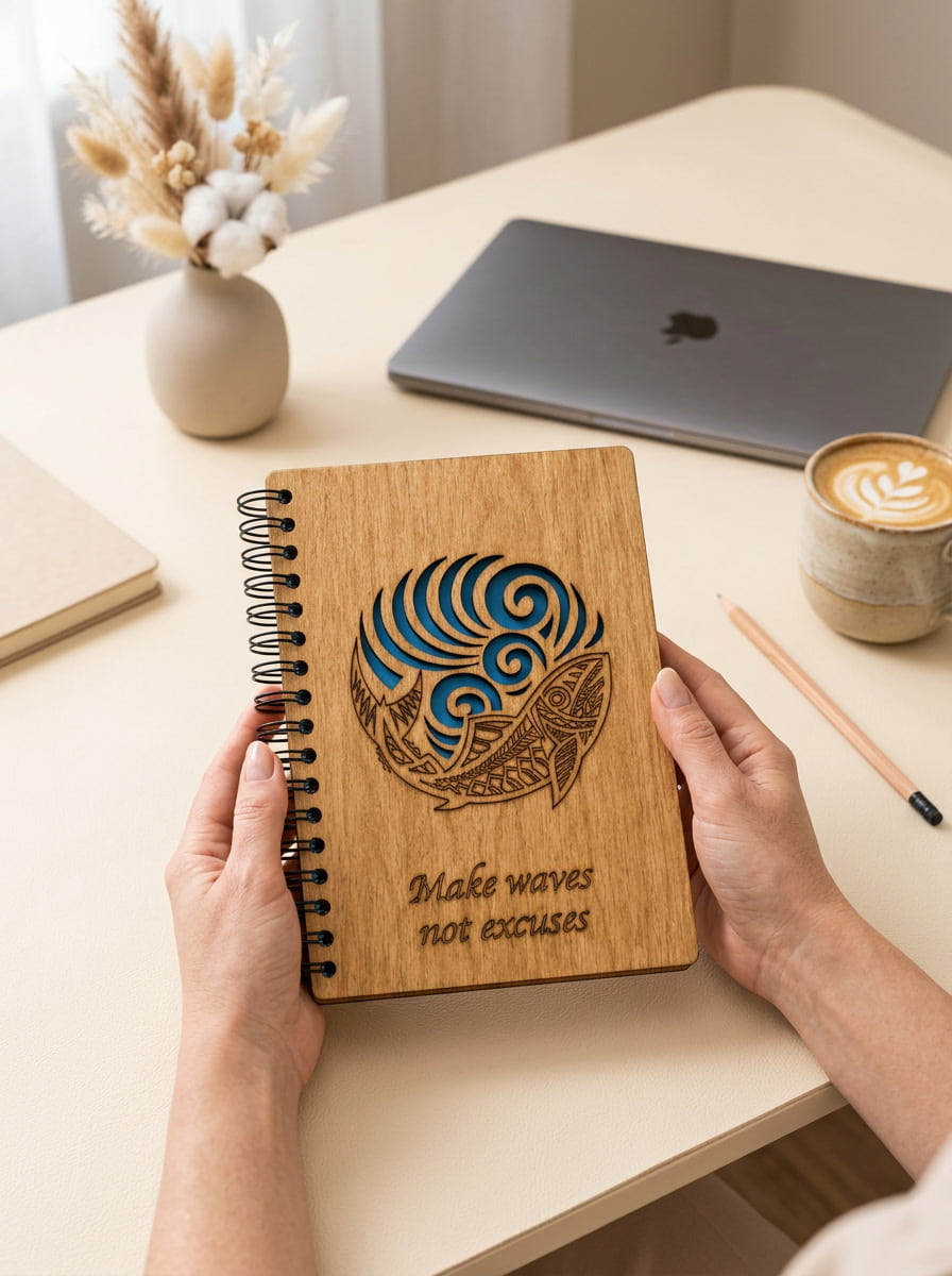 A person holds a spiral-bound wooden notebook with a laser-engraved blue wave and fish design and the text 'Make waves not excuses' on a light beige desk with a laptop, coffee cup, and dried flowers in the background.
