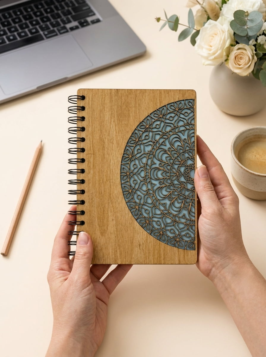A person holds a spiral-bound notebook with a light wood cover featuring a large blue-gray mandala design on the front. The scene is styled on a beige desk with a laptop, pencil, flowers, and a cup of coffee in the background.