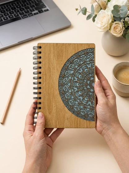 A person holds a spiral-bound notebook with a light wood cover featuring a large blue-gray mandala design on the front. The scene is styled on a beige desk with a laptop, pencil, flowers, and a cup of coffee in the background.