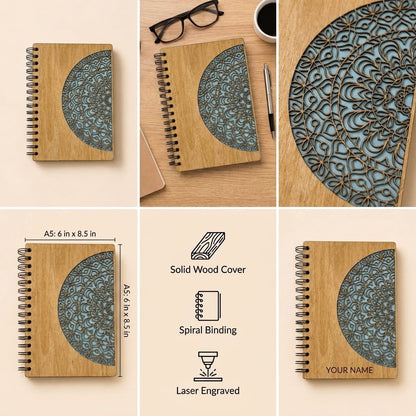features of mandala notebook size a5 showing in real life and close up to see the engraving and dimensions