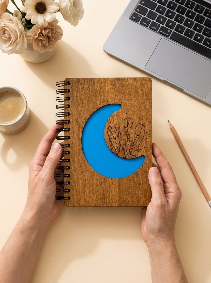 A person holds a spiral-bound wooden notebook with a laser-cut blue crescent moon and floral design on the cover, shown in a styled desk setting with a laptop, flowers, a cup of coffee, and a pencil.