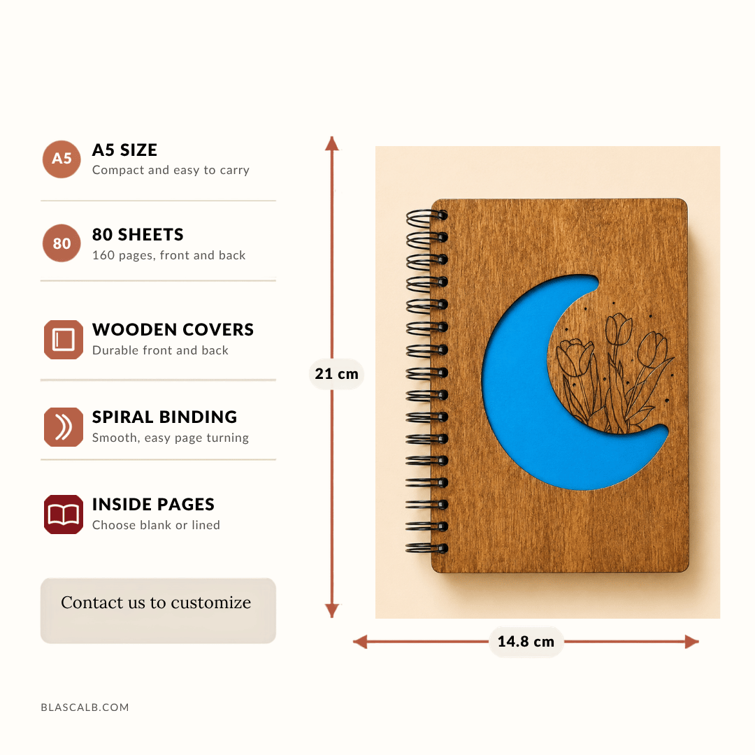 handcrafted journal notebook wood cover customized made in Lebanon size and pages described