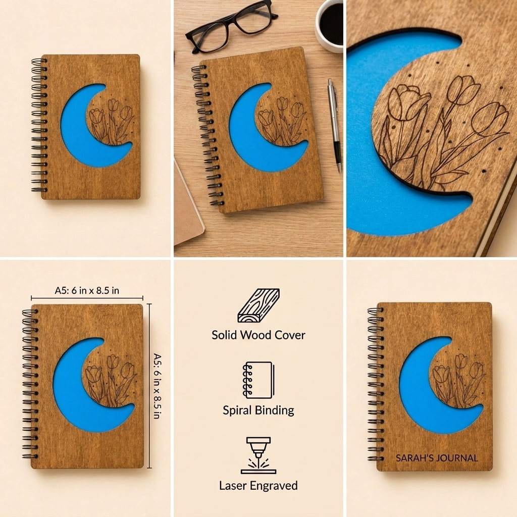 a spiral-bound wooden journal from multiple angles and detail views. The journal has a natural wood cover with a laser-engraved crescent moon and floral design over a bright blue cutout.