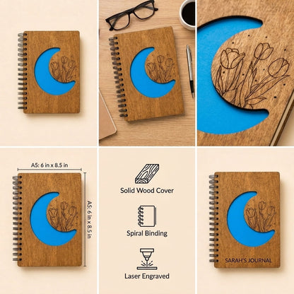 a spiral-bound wooden journal from multiple angles and detail views. The journal has a natural wood cover with a laser-engraved crescent moon and floral design over a bright blue cutout.