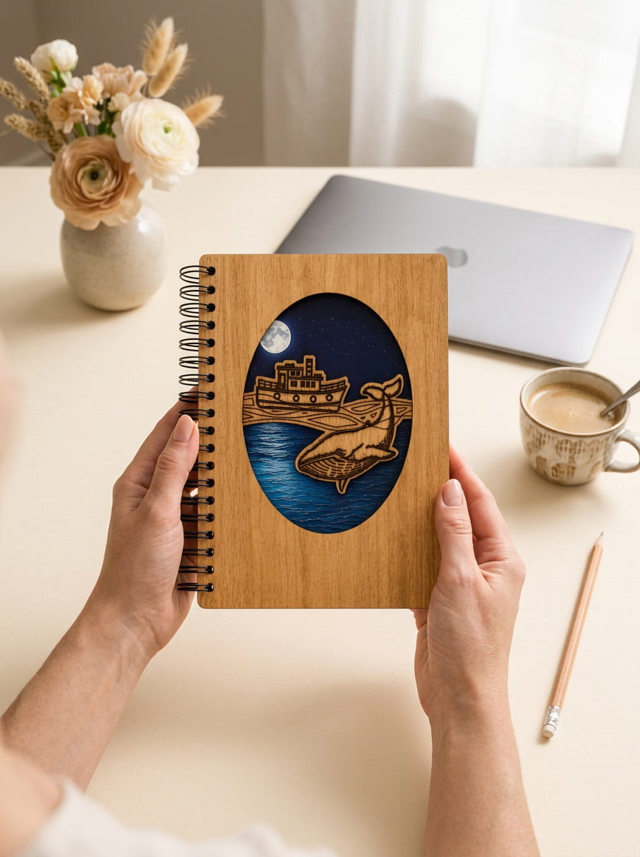A person holds a spiral-bound wooden notebook with a laser-engraved oval illustration of a boat and a deer on a lake at night. The scene is set on a light beige desk with a laptop, a cup of coffee, a pencil, and a vase of flowers in the background.