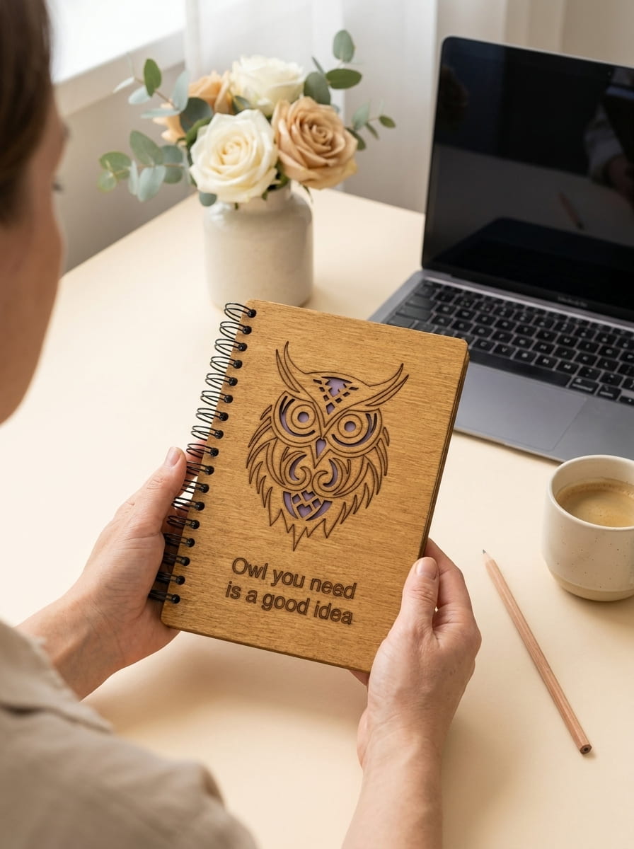 A person holds a spiral-bound wooden notebook with an engraved owl design and the text 'Owl you need is a good idea' on a desk, with a laptop, flowers, and a cup of coffee in the background.