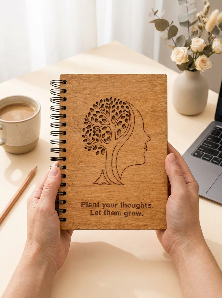 A person holds a spiral-bound wooden notebook with a laser-engraved tree-of-life profile design and the quote 'Plant your thoughts. Let them grow.