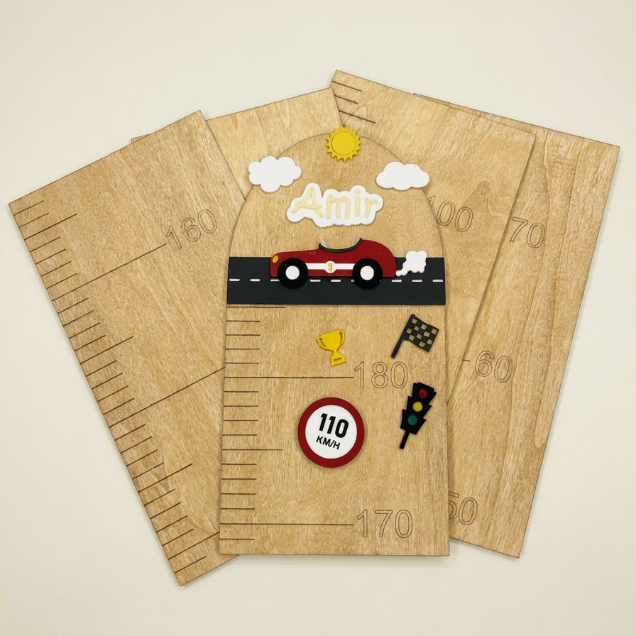 A wooden racing-themed height chart with decorative elements including a red race car, clouds, a sun, a trophy cup, a speed limit sign, and a checkered flag, displayed on a light beige background.