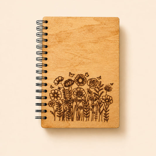A spiral-bound notebook with a light natural wood cover featuring a dark engraved floral design, shown on a solid light beige background.