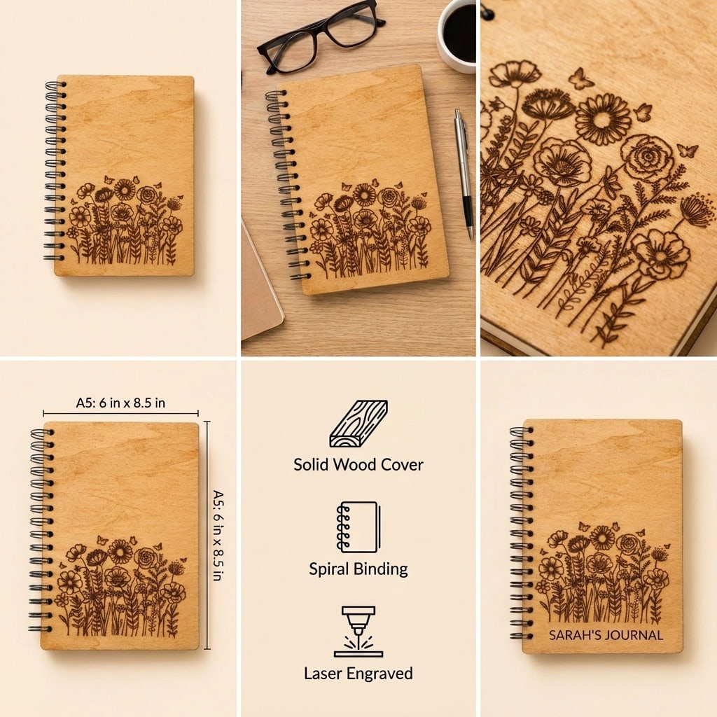 A six-panel collage showing a spiral-bound wooden journal with engraved floral designs from multiple angles, plus a close-up of the engraving and feature callouts including solid wood cover, spiral binding, and laser engraved.