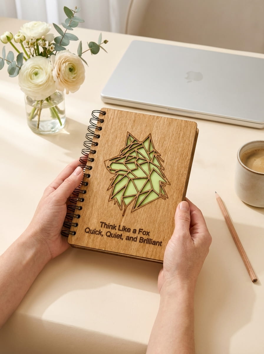 A person holds a spiral-bound wooden notebook with a geometric fox design and the text 'Think Like a Fox, Quick, Quiet, and Brilliant' on a light beige desk. A laptop, flowers, a cup of coffee, and a pencil are visible in the background.
