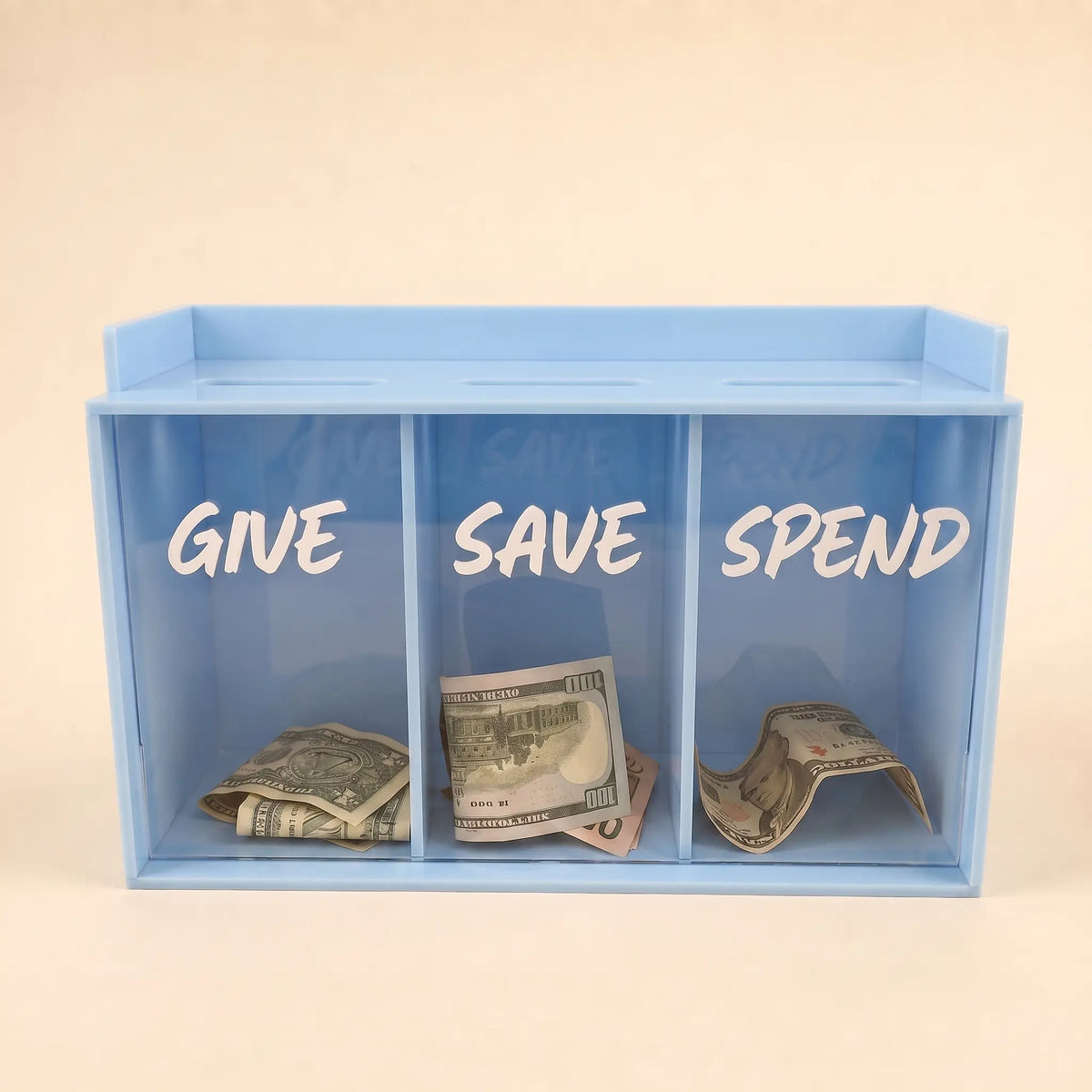 Inside view of Give Save Spend money organizer with three compartments blue