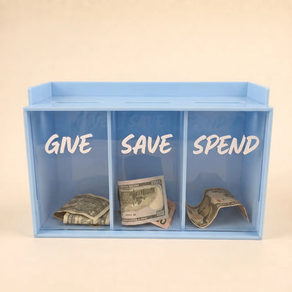 Inside view of Give Save Spend money organizer with three compartments blue