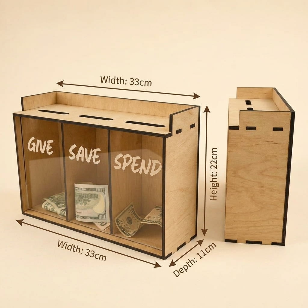 A wooden money box with three compartments labeled GIVE, SAVE, and SPEND, shown with dimension arrows indicating width 33cm, height 22cm, and depth 11cm. A second view shows the box closed.