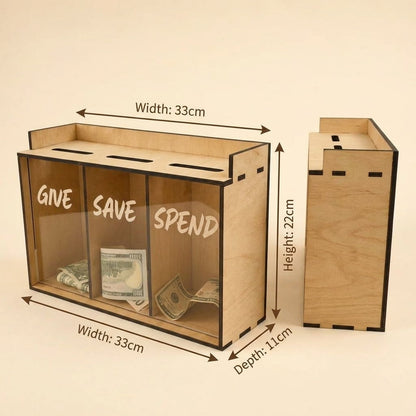 A wooden money box with three compartments labeled GIVE, SAVE, and SPEND, shown with dimension arrows indicating width 33cm, height 22cm, and depth 11cm. A second view shows the box closed.