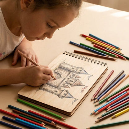 A young girl drawing a castle in a spiral notebook with colored pencils scattered around on a wooden table.