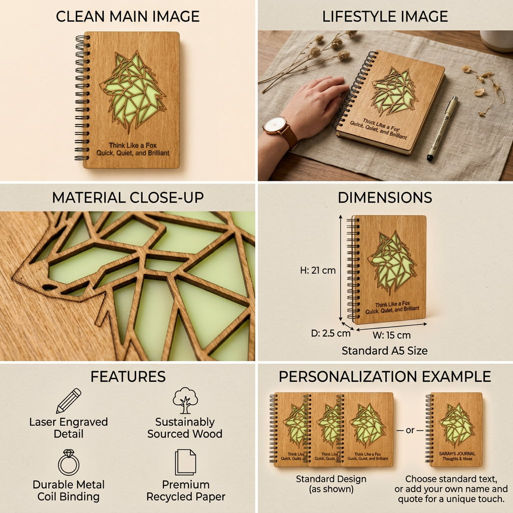 A 6-panel infographic showcasing a personalized laser-engraved A5 spiral notebook. The notebook cover is a light natural wood with a green geometric leaf design and text reading 'There Is A Fit Quick, Quiet, and Brilliant'.