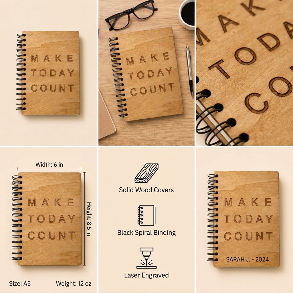 A six-panel collage showing a small spiral-bound wooden notebook with the engraved phrase “MAKE TODAY COUNT.” The notebook appears in multiple styled views, including on a beige surface, on a desk with glasses and a pen, close-up of the engraving, dimensions labeled as 6 in by 8.