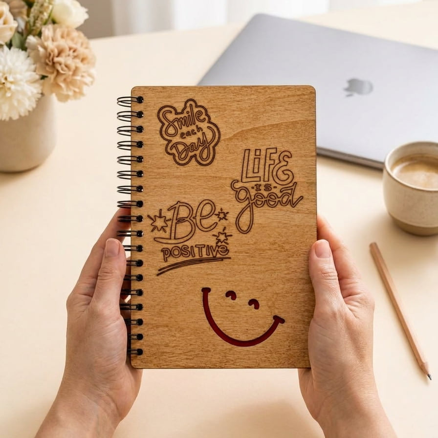 A person holds a spiral-bound wooden notebook with engraved motivational quotes and a smiley face. The scene is set on a light beige desk with a laptop, a cup of coffee, a pencil, and flowers in the background.