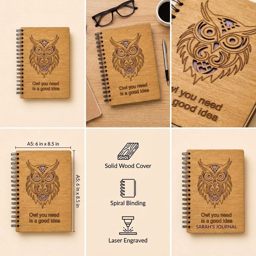 A six-panel collage showing a spiral-bound journal with a laser-engraved owl design on a wood-look cover. The collage includes front views of the journal, close-up detail shots of the engraving, dimensions labeled as 6 in x 8.